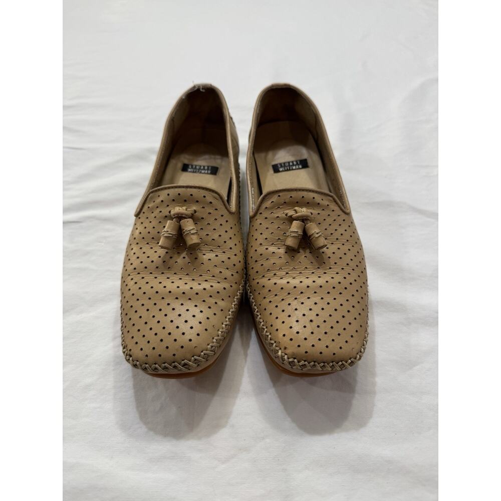 Stuart Weitzman Perforated Leather Tassel Loafers‎ Tan Square Toe Women's 6B